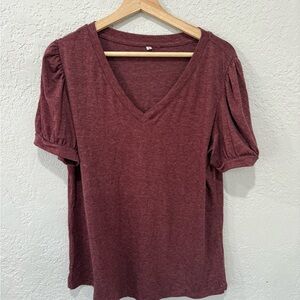 Women's V-Neck Puff Sleeve Top - Burgundy